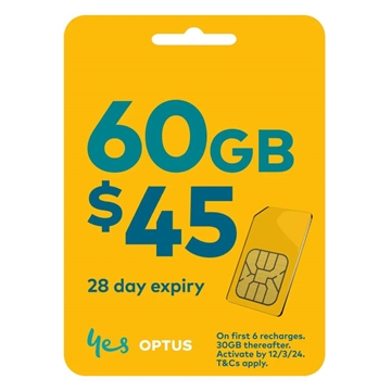 Optus $45 Prepaid Mobile Phone SIM 60GB Data 28 Day Expiry