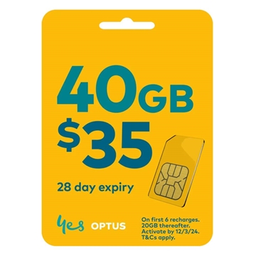 Optus $35 Prepaid Mobile Phone SIM 40GB Data 28 Day Expiry