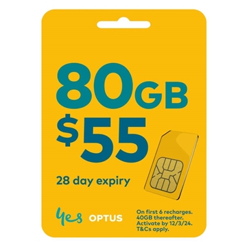 Optus $55 Prepaid Mobile Phone SIM 80GB Data 28 Day Expiry