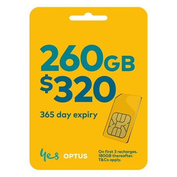 Optus $320 Prepaid Mobile Phone SIM 260GB Data 365 Day Expiry